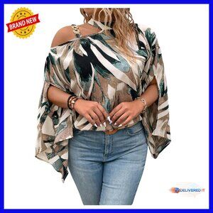 Plus Size Cold Shoulder Blouse 3/4 Sleeve Asymmetrical Neck Polyester Top